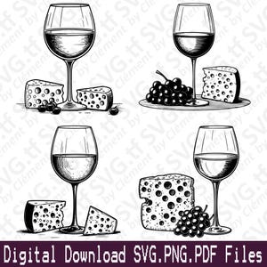 Vino y queso. Archivos SVG PNG PDF. Copa Uva Aperitivo Relajación Vector Clipart Impresión Corte Grabado Láser Cricut Silueta