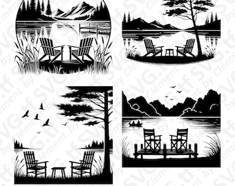 Two Chairs By A Lake. SVG PNG PDF files. Nature Scene Shore Tree Mountain Fishing Vector Clipart Print Cut Engrave Laser Cricut Silhouette.