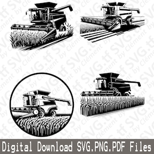 May include: A collection of four black and white illustrations of combine harvesters in various settings. One is in a circle, and the others show the machines in fields of crops. The text "Digital Download SVG.PNG.PDF Files" is at the bottom.
