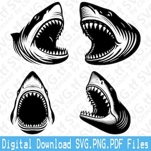 May include: Four black and white shark illustrations with open jaws, showcasing sharp teeth. The images are in various perspectives, with the text "Digital Download SVG.PNG.PDF Files" at the bottom.