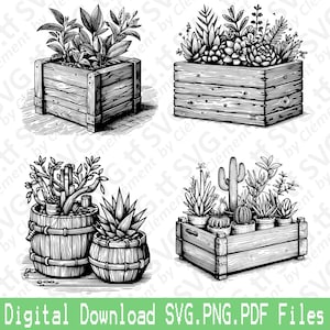Houten plantenbak. SVG png-pdf-bestanden. Pot bloem boeket Plant natuur tabel Vector Clipart Print gesneden graveren laser Cricut silhouet.