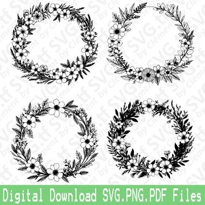 花のリース。SVG、PNG、PDF ファイル。フラワー セレモニー スプリング ブーケ ベクター クリップアート プリント カット 彫刻 レーザー Cricut シルエット。