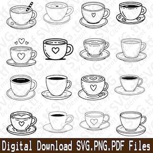 May include: Set of twelve black and white line drawings of coffee cups with saucers. Each cup has a different design, including hearts, swirls, and a straw.