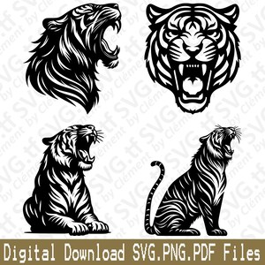 Puede incluir: Cuatro ilustraciones vectoriales en blanco y negro de un tigre. La primera imagen muestra la cabeza de un tigre con la boca abierta en un rugido. La segunda imagen muestra la cabeza de un tigre de perfil con la boca abierta en un rugido. La tercera imagen muestra un tigre sentado con la boca abierta en un rugido. La cuarta imagen muestra un tigre sentado con la boca abierta en un rugido.