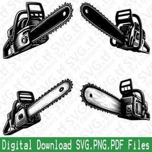 May include: Four black and white illustrations of a chainsaw. The chainsaw is shown from different angles. The chainsaw has a black handle and a silver chain.