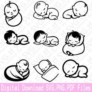 Joli bébé endormi. Fichiers SVG PNG PDF. Fête douche Naissance anniversaire fille garçon Vector Clipart impression découper, graver au laser, cricut, silhouette.