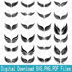 May include: A collection of black wing designs in various styles. The image features multiple sets of wings, each with a unique shape and feather arrangement. The text "Digital Download SVG.PNG.PDF Files" is at the bottom.