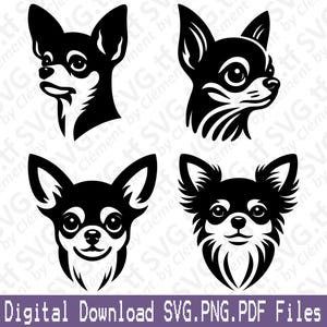 Tête de chihuahua. Fichiers SVG PNG PDF. Mignon chien assis couché avec un coup d'oeil Vector Clipart impression, découpe, gravure laser, Cricut, silhouette.