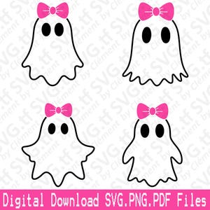 Halloween Ghost With Pink Bow. Layered by Color. SVG PNG PDF files. Cute Autumn Vector Clipart Print Cut Engrave Laser Cricut Silhouette.