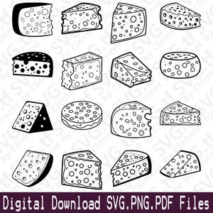 May include: A collection of black and white cheese illustrations in various shapes and sizes, including wedges, blocks, and rounds. The image includes the text "Digital Download SVG.PNG.PDF Files".