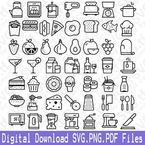 Essen und Trinken-Symbol. SVG PNG PDF Dateien. Obst, Kaffee, Tee, Gemüse, Gerät, Vektor, Clipart, Druck, Schnitt, Gravur, Laser, Cricut, Silhouette.