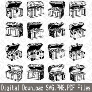 Baú do Tesouro. Arquivos SVG, PNG e PDF. Moeda pirata antiga de madeira, joias de ouro e prata, clipart vetorial, impressão, corte, gravação a laser, silhueta Cricut.