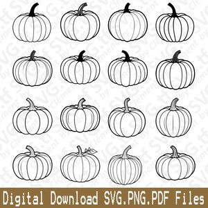 May include: A set of 16 black and white outline pumpkin illustrations. The pumpkins are various sizes and shapes, with some having a stem and others having a leaf.