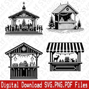 Kerstmarktkraam. SVG-png-pdf-bestanden. Fair Stand Craft Food Xmas Santa Vector Clipart Print gesneden graveren laser Cricut silhouet.