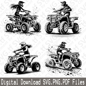 May include: Four black and white illustrations of people riding quad bikes. The riders are wearing helmets and goggles. The quad bikes are on dirt tracks.