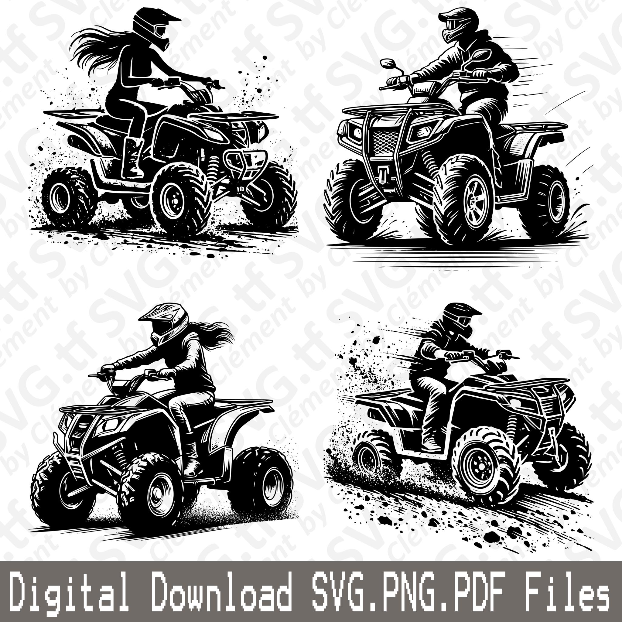 ATV 4-Wheeler Quad. SVG PNG Pdf files. Man Woman Driver Motorbike Mud Scene Vector Clipart Print Cut Engrave Laser Cricut Silhouette.