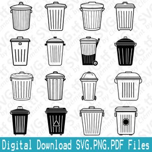 Puede incluir: Un conjunto de 12 archivos de corte SVG de botes de basura en blanco y negro. Los botes de basura son de varios estilos, incluyendo algunos con tapas y otros con ruedas.