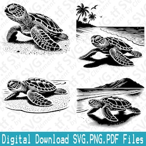 Tortuga marina bebé en una playa. Archivos SVG, PNG y PDF. Escena Animal salvaje Océano Vector Clipart Impresión Corte Grabado Láser Cricut Silueta.