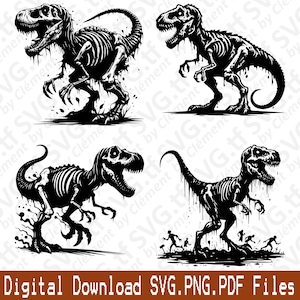 Tiranossauro Rex Zumbi. Arquivos SVG, PNG e PDF. Clipart Vetorizado de Dinossauro, Animal Selvagem Morto e Horror, Impressão, Corte, Gravação a Laser, Silhueta Cricut.