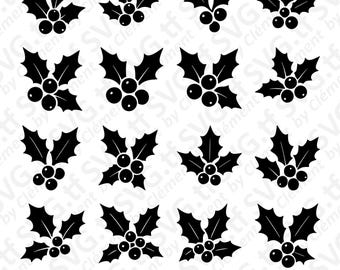 May include: Black and white holly leaf and berry illustrations. The image features multiple arrangements of holly leaves and berries, perfect for holiday-themed digital designs. The text "Digital Download SVG.PNG.PDF Files" is at the bottom.