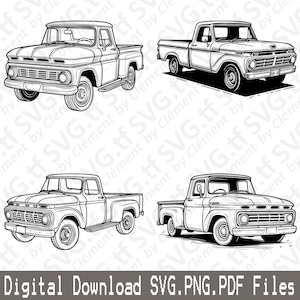 Caminhão velho. Arquivos SVG PNG PDF. Veículo Carro Vintage Colheita Entrega Vetor Clipart Impressão Corte Gravação Laser Cricut Silhueta.