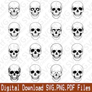 May include: A set of 16 black and white skull illustrations. Each skull is depicted in a different pose, with variations in the eyes, nose, and mouth.