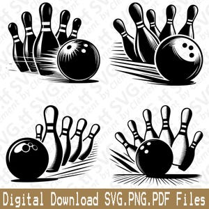 May include: Four black and white illustrations of bowling pins and a bowling ball. The bowling pins are arranged in a triangle shape and the bowling ball is shown rolling towards the pins. The illustrations are in a vintage style.