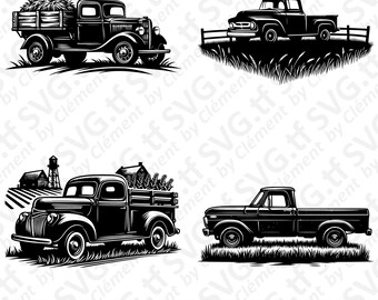 Old Farm Truck. SVG PNG PDF files. Pickup Vehicle Car Vintage Field Delivery Vector Clipart Print Cut Engrave Laser Cricut Silhouette.