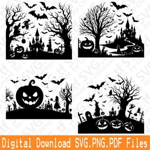 May include: Black and white Halloween-themed digital download featuring four spooky scenes. Each scene includes silhouettes of bats, trees, pumpkins, witches, castles, and tombstones. The text "Digital Download SVG.PNG.PDF Files" is at the bottom.