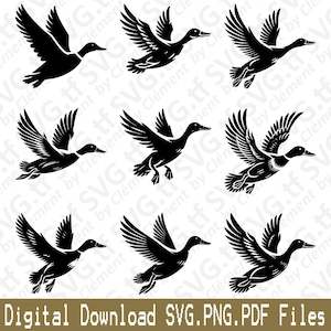 Flying Duck. SVG PNG PDF files. Mallard Teal Walking Lying Bird Lake River Wild Vector Clipart Print Cut Engrave Laser Cricut Silhouette.