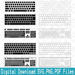 Pode incluir: Uma coleção de designs de teclado em preto e branco. Os designs incluem teclados pretos sólidos e contornos, com vários layouts. A parte inferior da imagem tem o texto "Digital Download SVG.PNG.PDF Files".