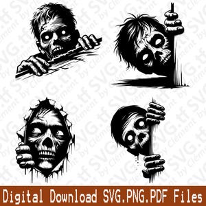 Puede incluir: Cuatro ilustraciones en blanco y negro de cabezas de zombis que asoman por detrás de diferentes superficies. Los zombis tienen ojos grandes y blancos y están en varias poses.