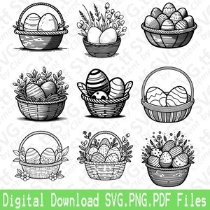 May include: Set of six black and white illustrations of baskets filled with Easter eggs. The baskets are decorated with flowers and leaves. The eggs are various shapes and sizes.