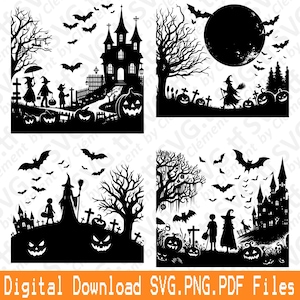 May include: Black and orange digital download featuring four Halloween-themed silhouettes. Each silhouette includes bats, pumpkins, witches, castles, and trees. The text "Digital Download SVG.PNG.PDF Files" is at the bottom.
