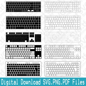 May include: A selection of keyboard designs in black and white, available as digital downloads. The keyboards feature different layouts and styles, including solid and outline versions. The text "Digital Download SVG.PNG.PDF Files" is displayed at the bottom.
