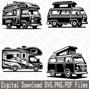 Pode incluir: Quatro ilustrações em preto e branco de diferentes tipos de autocaravanas. As autocaravanas estão todas viradas para o lado direito da imagem. A primeira autocaravana tem um teto retrátil. A segunda autocaravana tem um teto elevado. A terceira autocaravana tem um teto retrátil e um design listrado. A quarta autocaravana tem um teto elevado e um porta-bagagem.