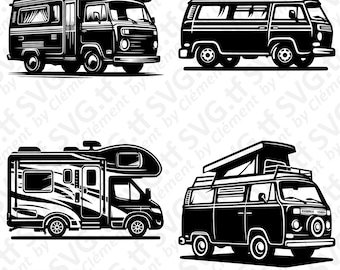 Kamper. Pliki SVG PNG PDF. Pojazd wakacyjny Samochód dostawczy Kamper Ciężarówka Wektor Clipart Wydruk Cięcie Grawerowanie Laser Cricut Sylwetka.