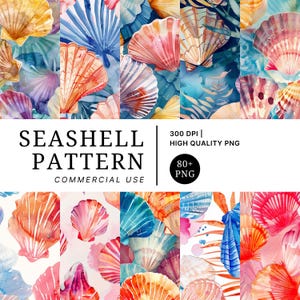 May include: A vibrant seashell pattern design with watercolor illustrations in shades of pink, orange, blue, and yellow. The image includes the text "SEASHELL PATTERN COMMERCIAL USE" and details about the image quality.