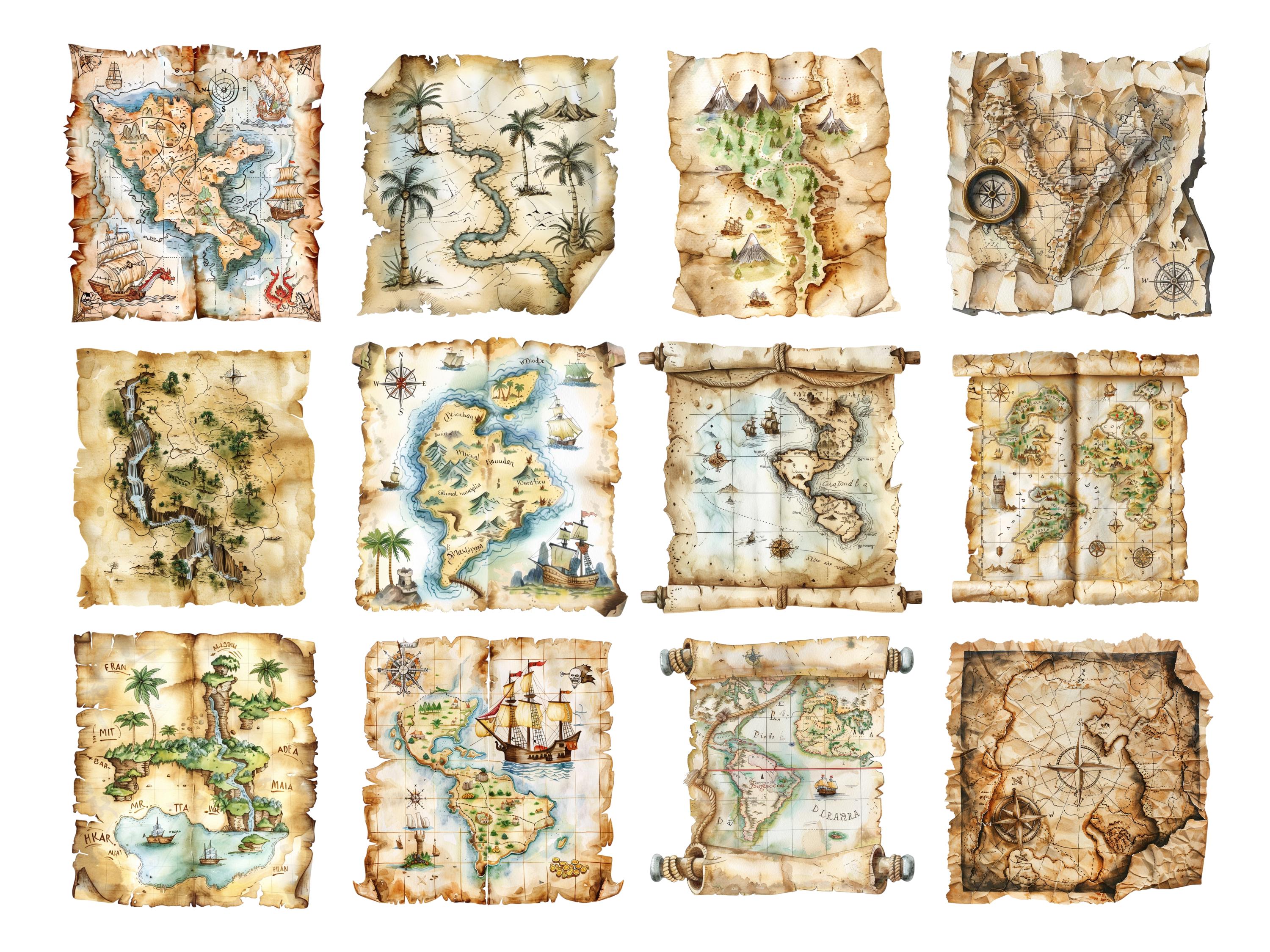 Watercolor Treasure Map Clipart: Pirate Adventure PNG (digital Download ...