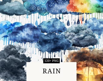 Rain Clipart Set: Watercolor Raindrops, Clouds (Digital Download)