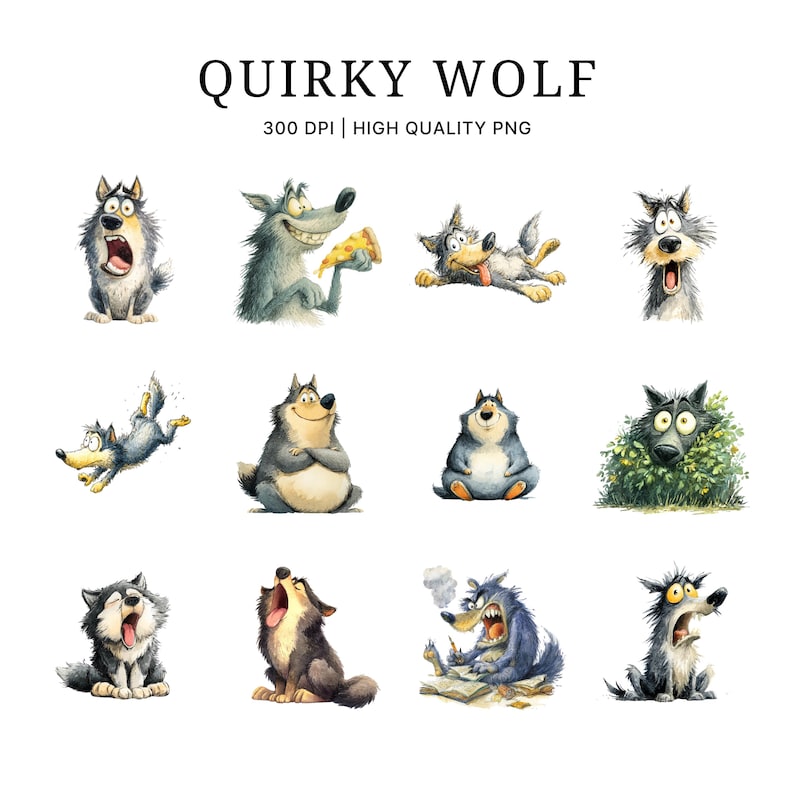 Surprised Wolves Quirky Wolf Clipart: Funny Animal PNG, Whimsical Forest Art (digital ...