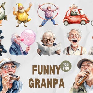 Funny Grandpa Clipart, Watercolor Grandpa PNG, Humorous Grandfather Art, Cute Grandpa Clipart, Family Illustration, Vintage Grandpa Humor