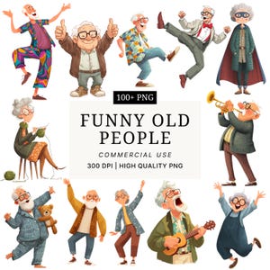 Puede incluir: Ilustraciones de dibujos animados de personas mayores en varias poses. La imagen incluye el texto "FUNNY OLD PEOPLE" y "COMMERCIAL USE". Las ilustraciones muestran una variedad de atuendos y actividades.