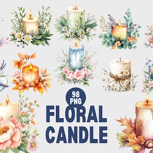 Floral Candle Clipart, Watercolor Candle PNG, Vintage Floral Decor, Aromatherapy Clipart, Botanical Candle Art, Home Scents Clipart