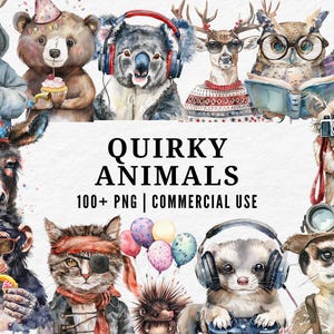 Quirky Animals Clipart, Watercolor Funny Animal PNG, Whimsical Creature, Cute Wildlife Art, Playful Quirky Animal, Adorable Animal Lover Set