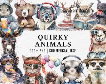 Watercolor Quirky Animals Clipart: Funny Wildlife PNG (Digital Download