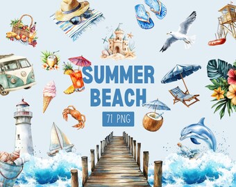 Watercolor Beach Clipart: Summer Seaside Vacation PNG (Digital Files)