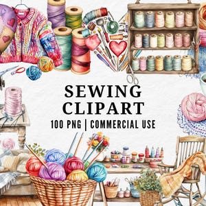 Sewing Clipart, Tailor Tools PNG, Needle and Thread Clipart, Vintage Sewing Illustration, Craft Clipart, Scissors, Buttons, Sewing Machine