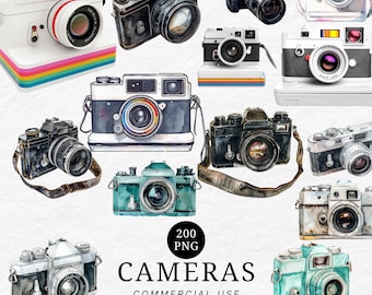 May include: A collection of watercolor-style cameras in various colors and designs. The cameras include vintage and modern styles, with details like lenses, straps, and colorful accents. The image includes the text "CAMERAS" and "COMMERCIAL USE".