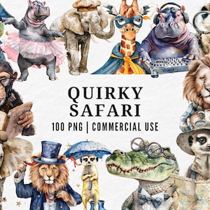 Quirky Safari Clipart, Watercolor Funny Jungle PNG, Whimsical Safari Animal, Cute Wildlife , Playful Quirky Safari, Adorable Adventure Set